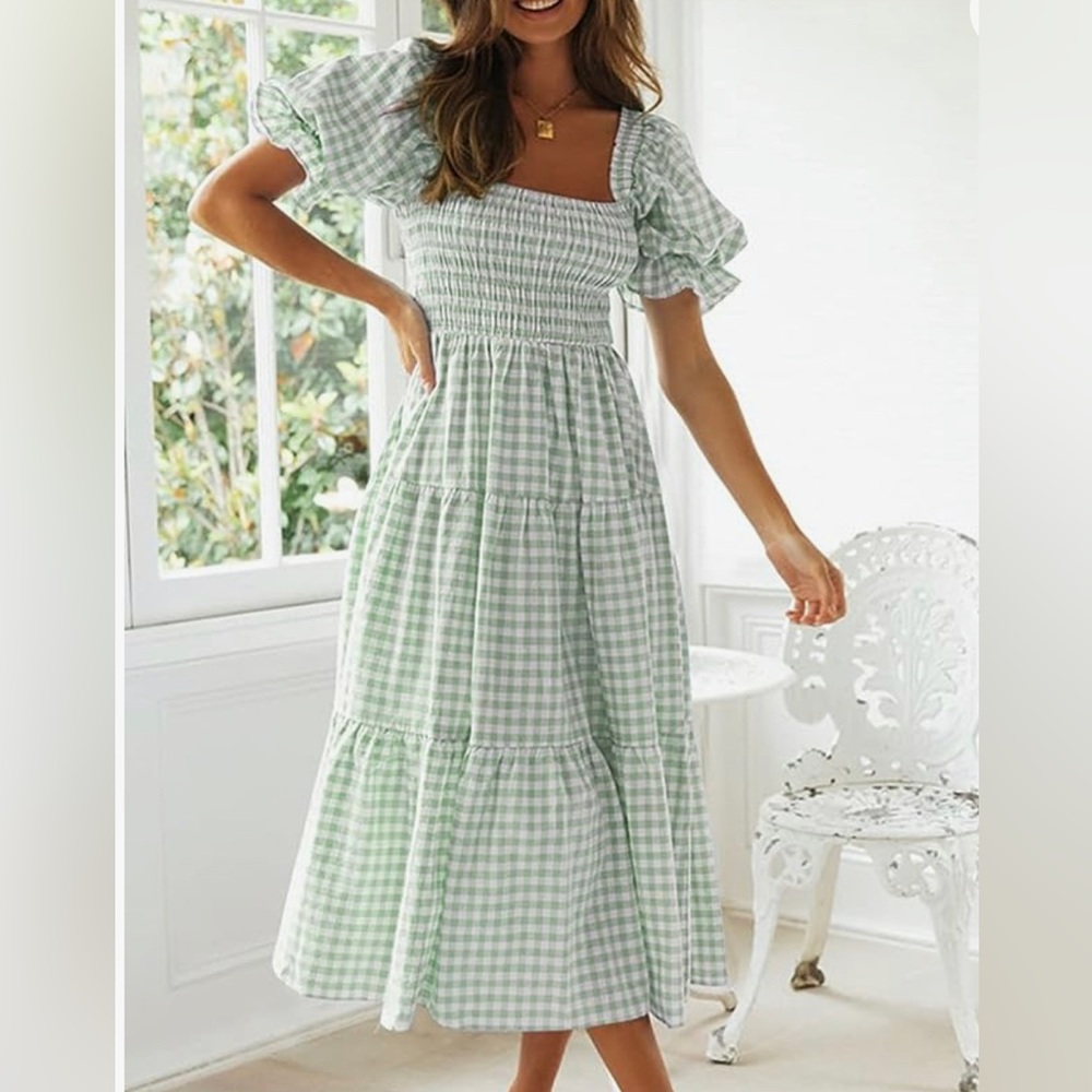 NWT Sage Green Gingham Maxi Dress